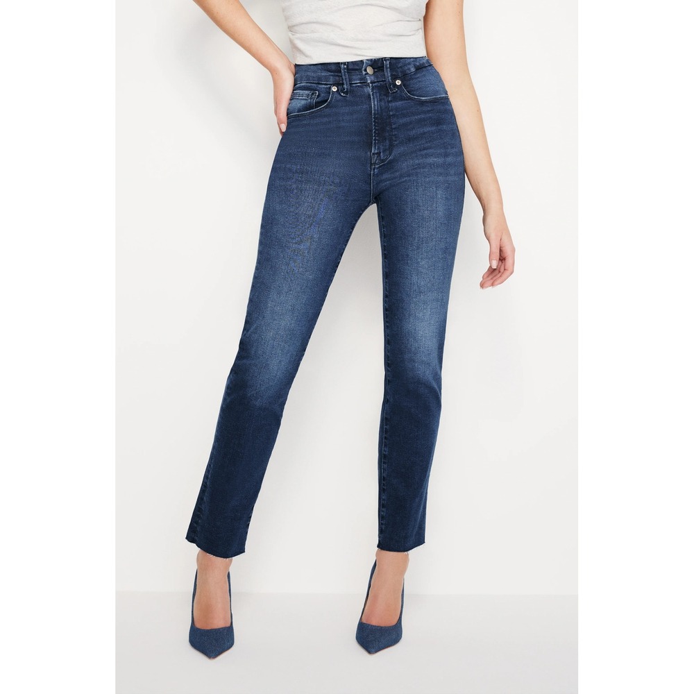 $159 GOOD AMERICAN High Rise Straight Leg Raw Hem Jeans Size 2 26 Medium Wash